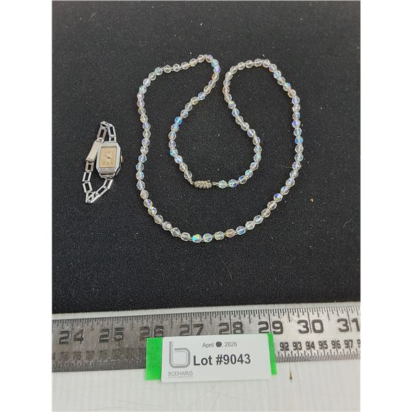Vintage La Salle 'Art Deco Style' Woman's Wrist Watch & Aurora Borealis Cut Crystal Beaded Necklace