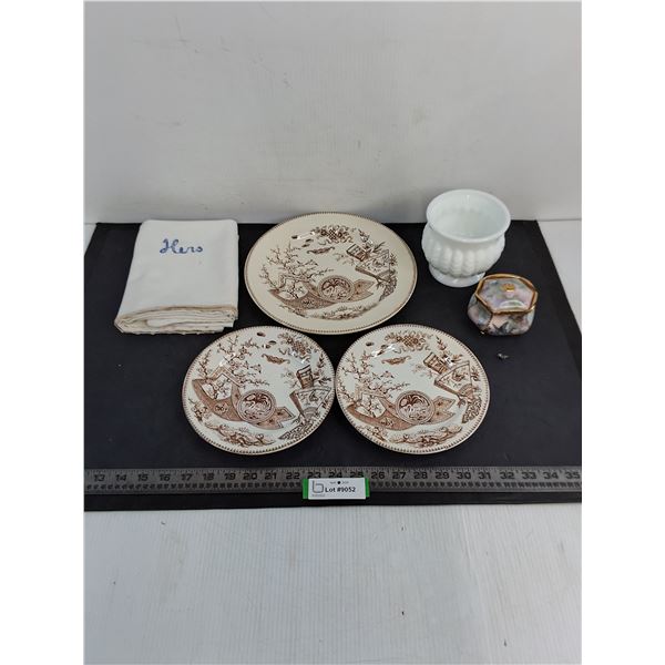 Japanese Porcelain Dishes, "Hers" Pillow Case, Randall Vase, Lena Lui Musical Jewelry Box