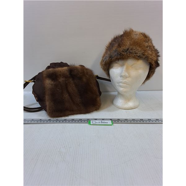Beaver Fur Purse with Hand Warmer Tunnel and Fur Hat
