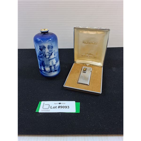Ronson Lighter and Blue Transfer Ware Vase