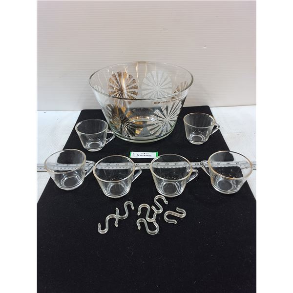 Vintage MCM Punchbowl, (6) Glasses, and Hooks