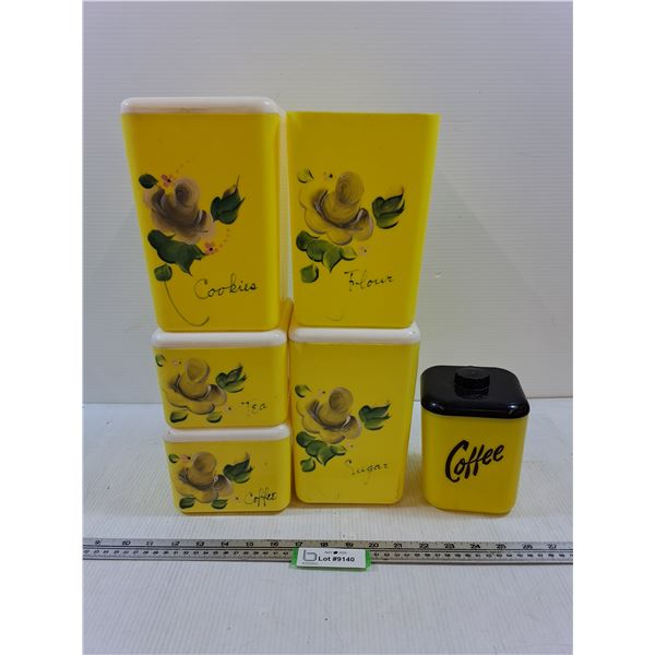 Vintage Plastic Canister Set (missing 1 lid) with an Extra Coffee Canister-some cracks/damage as pic