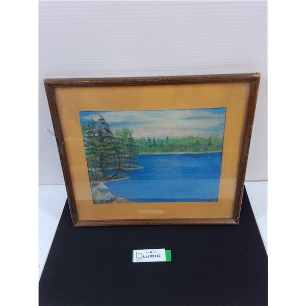 Pastel Art of Lake-13x15" wood frame, some damage to frame