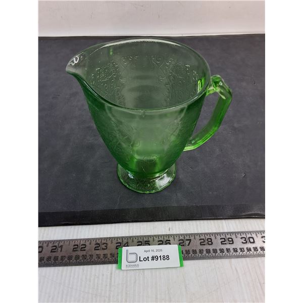 Vintage "Hazel Atlas" Florentine Poppy Green Uranium Glass Pitcher