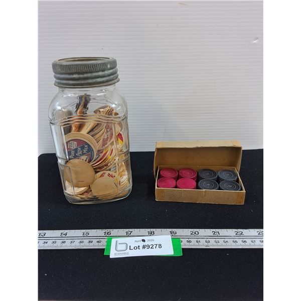 Vintage Jar of Milk Bottle Lids and Set of Wood Checkers