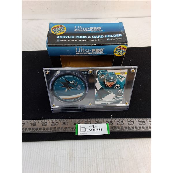 Ultra-Pro Puck & Card Holder w/Macklin Celebrini Rookie Card & Sharks Puck - Unauthenticated
