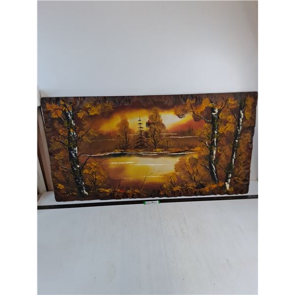 Vintage "Carved Look" 40" x 21" Wilderness Scene Painting - Cannot Ship