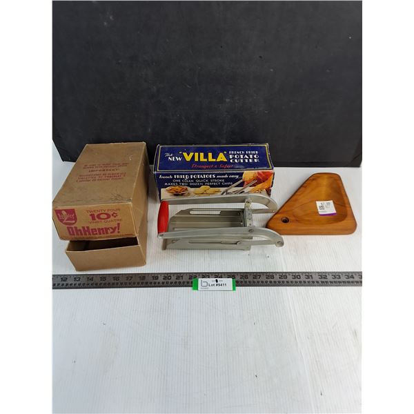 Vintage "Villa" Potato Cutter, Wooden Platter, Vintage Oh Henry Case Lot Box