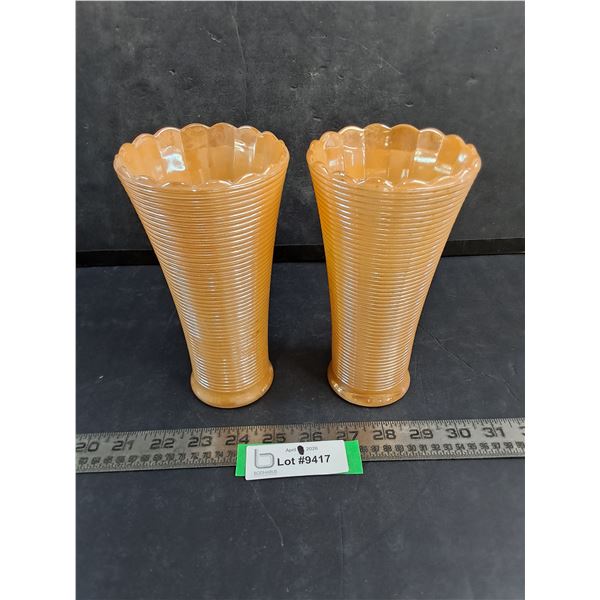 (2) Vintage Peach Lustre Vases - 7.5" High