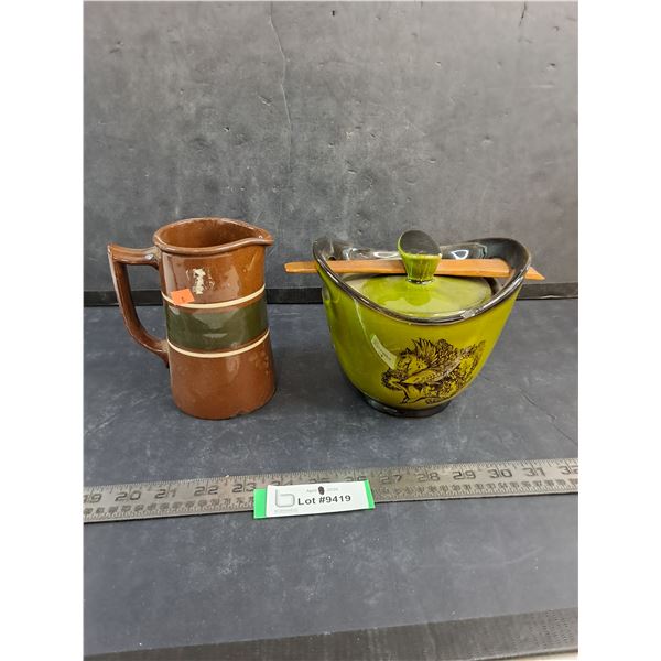 RH Green Iridescent Sealer Bowl, Ceramic Pitcher - Chipped Bottom