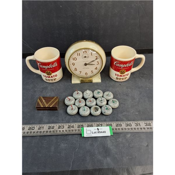 Vintage Westclox Mantle Clock, Campbell's Soup Mugs, Curling Rock Game Pieces, Match Box