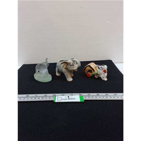 (3) Elephant Figures-1 glass, 2 ceramic