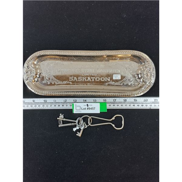 Advertising Cracker Tray, Vintage Bottle Opener and Keys