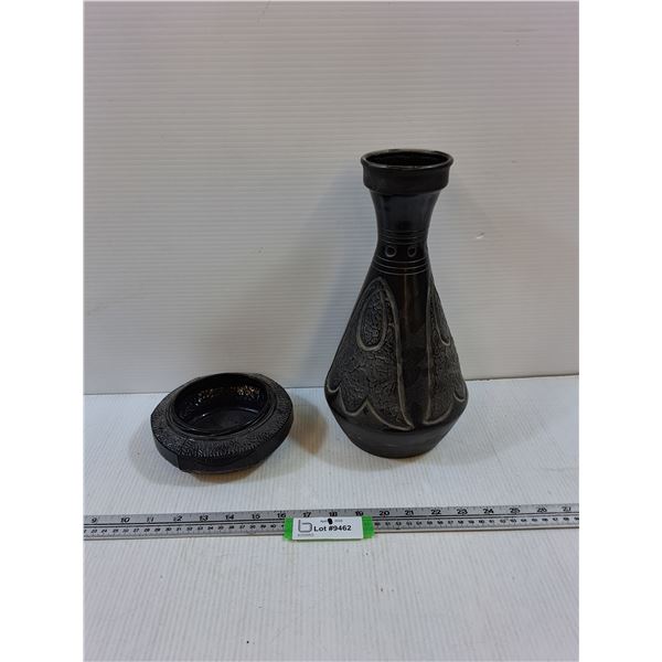 Black Ceramic Vase and Glass Dish
