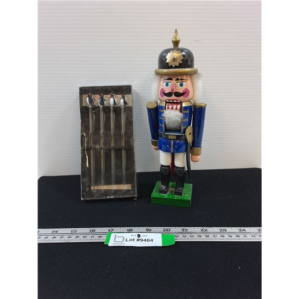 Wood Nutcracker and Penguin Swizzel Stick Set