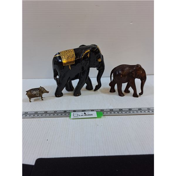 (2) Elephant Figures (1 Resin-Type, 1 Wood), Metal Boar Figure