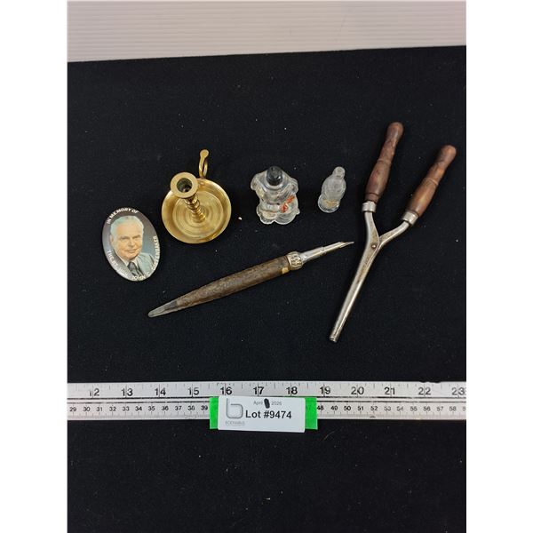 Diefenbaker Pin, Mini Candleholder, Calligraphy Pen, Curling Iron