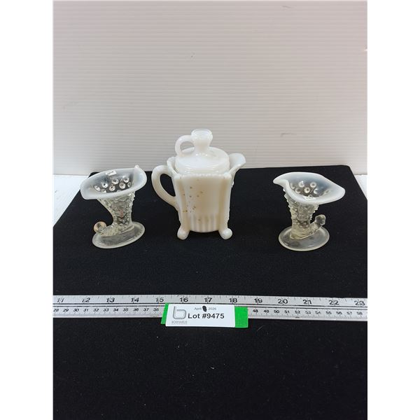 (2) Fenton Art Vase Cornucopia Bud Vases, Milk Glass Covered Creamer
