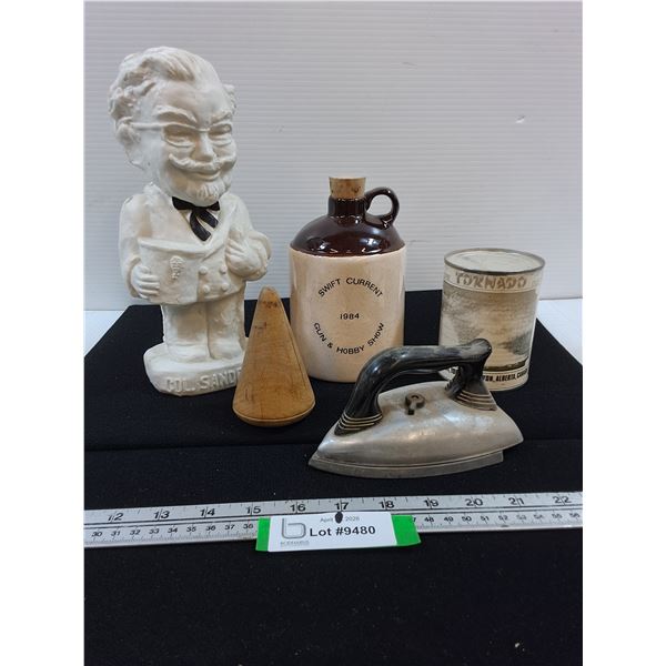 Colonel Sanders Plastic Coin Bank, Mini Crock, Mini Iron, Misc