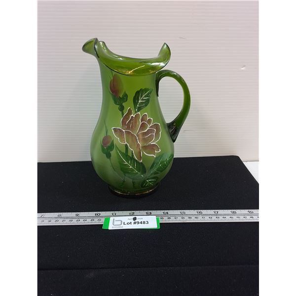 Painted Victorian Hand-blown Green Glass Pitcher-10" tall