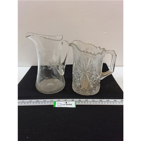 (2) Glass Pitchers-1 Etched, 1 Pressed