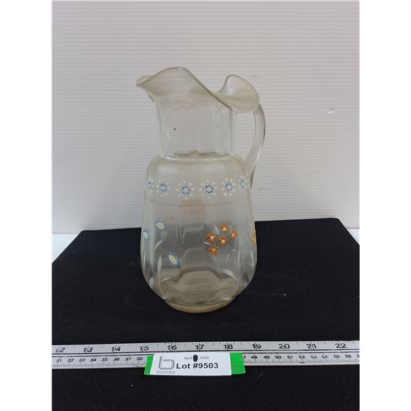 Glass Pitcher with Hand-Painted Floral Design-10" tall