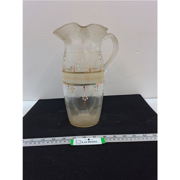 Glass Pitcher with Raised Enamel Design and Gold Gilding-11" tall