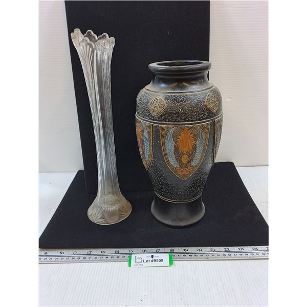 14" tall Glass Vase, 13" tall Ceramic Japanese Vase, some chips