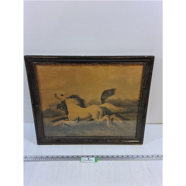 Black and White Horse Artwork in Wood Frame, 22.5x18.5" outer frame measurement