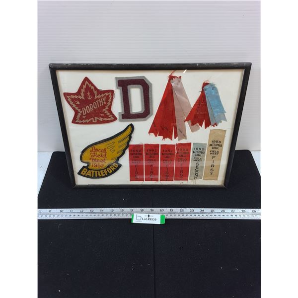 Framed 1950's Battleford Crests and Award Ribbons-13x17" outer frame measurement