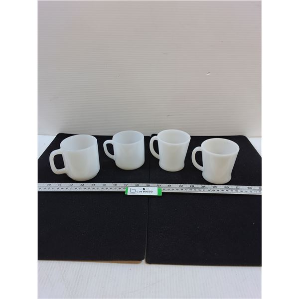 (1) Glasbake, (1) Federal, (2) Unmarked Milk Glass Mugs