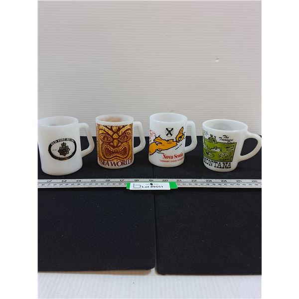 (3) Federal Glass Mugs-Fort Henry, Sea World, Nova Scotia, (1) Unmarked Milk Glass Mug-Montana