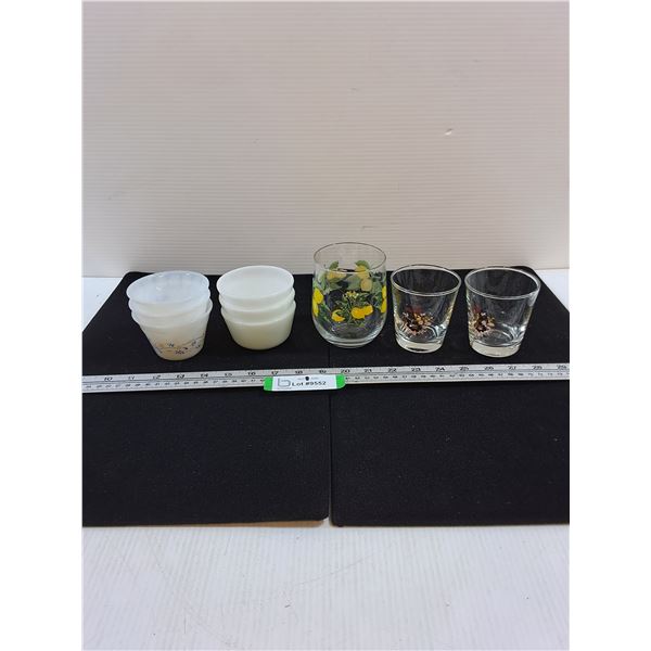 (6) Milk Glass Custard Cups, (3) Glasses