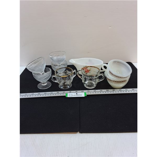 Clear Sherbet Cups, (2) Sugarbowls, Milk Glass Gravy Boat and Termocrisa Teacups
