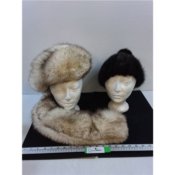Fox Fur Hat and Collar, Beaver Fur Hat with Pom Pom
