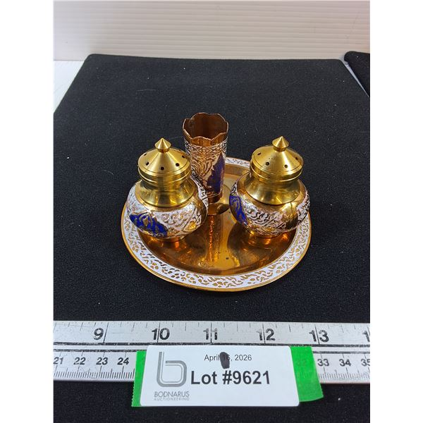 Brass Set of Salt, Pepper and Toothpick Holder on Tray, tray warped