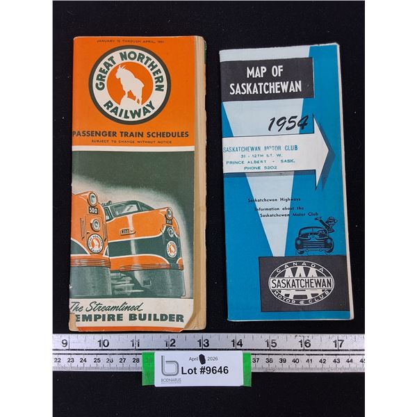 AAA 1954 Map of Saskatchewan, Great Northern Railway Passenger Train Schedule