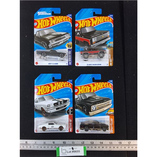 (4) Hot Wheels Die Cast in Packages-Shelby, Chevy C10, El Camino, Blazer Custom