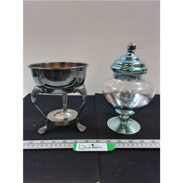 Plated Carafe Holder and Glass Candy Container