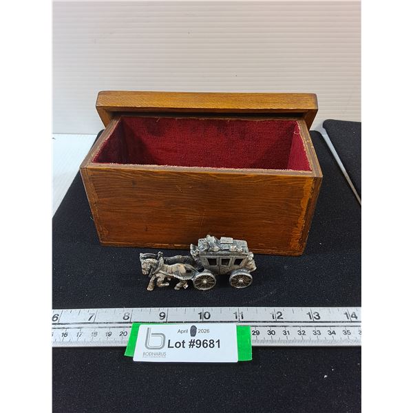 Lined Wood Box-7x4x3.5" with Pewter Horse Drawn Carriage