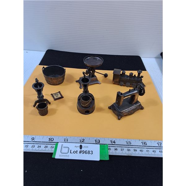 Die Cast Miniatures-Train, Sewing Machine, Water Pump, some have pencil sharpeners