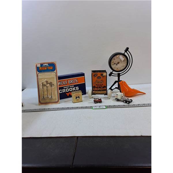 Wolf Bros Cigar Box, Jointite Bottle Caps in Box, Desk Clock, Misc