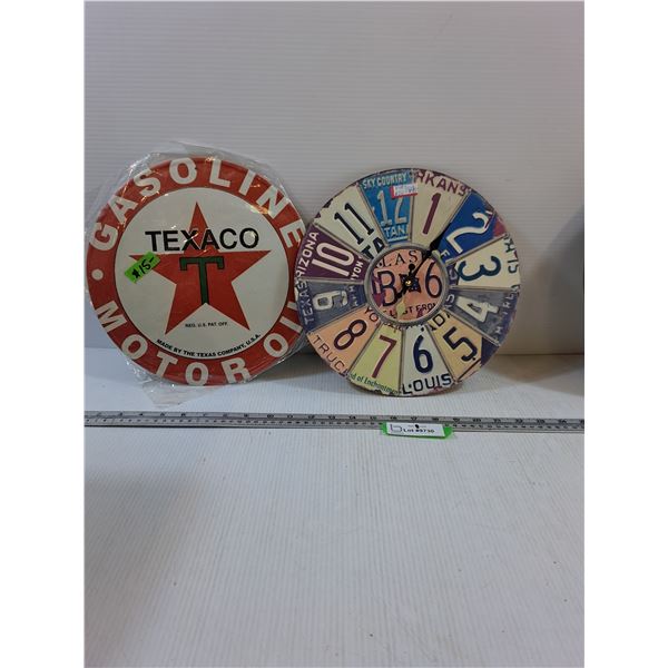 Texaco Sign and Battery Operated License Plate Clock 11-12" dia