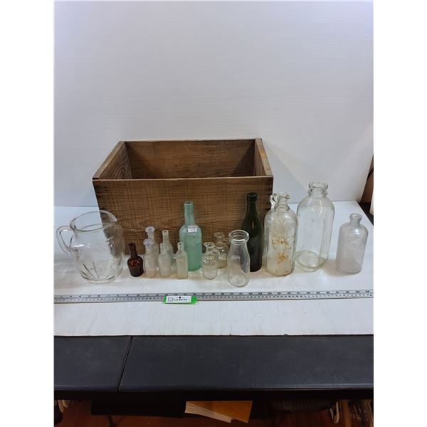 Wood Crate with Various Glass Bottles and Pitcher-19x12x11" crate dimensions- PICK UP