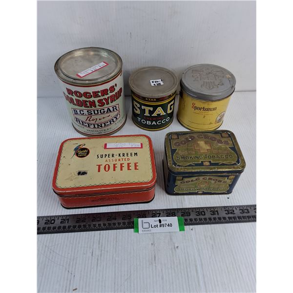 (5) Vintage Tins (Rogers Syrup, Stag Tobacco, Sharks Toffee)