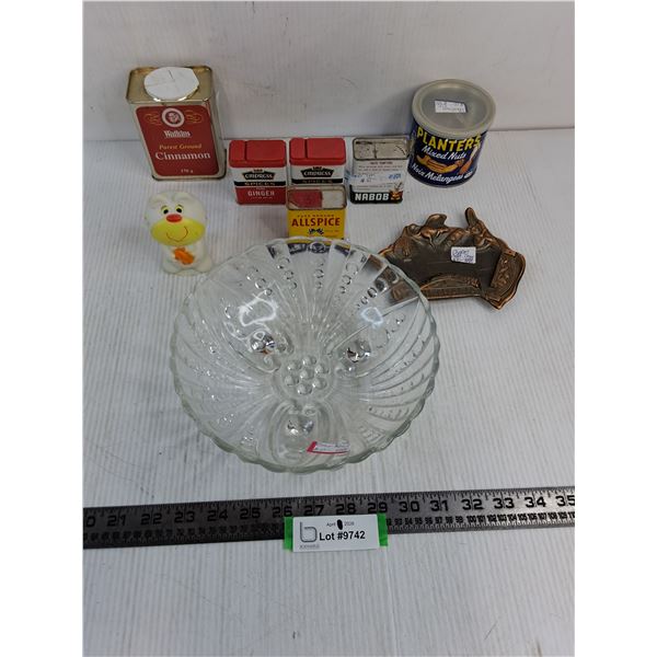 Assorted Spice & Peanut Tins, Footed Glass Bowl, Copper Ash Tray, Squish Toy