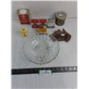 Image 1 : Assorted Spice & Peanut Tins, Footed Glass Bowl, Copper Ash Tray, Squish Toy