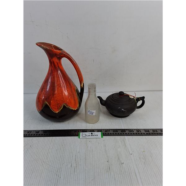 Ceramic Pitcher, Chinese Teapot, Vintage Glass Bottle