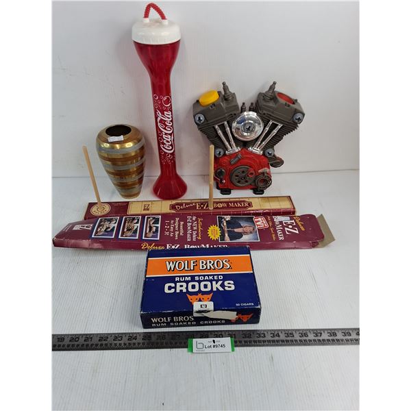Vintage Brass Vase, Tall Coca-Cola Travel Cup, Toy Engine, Bow Maker, Cigar Box
