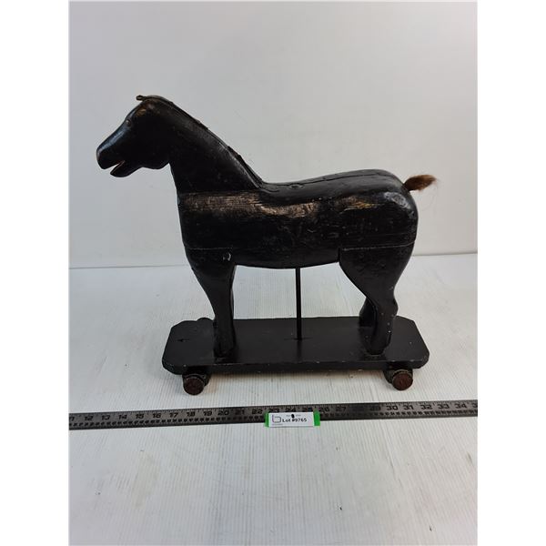 Vintage Custom Made Wooden Horse on Wheel Cart - 17" High x 17" Long